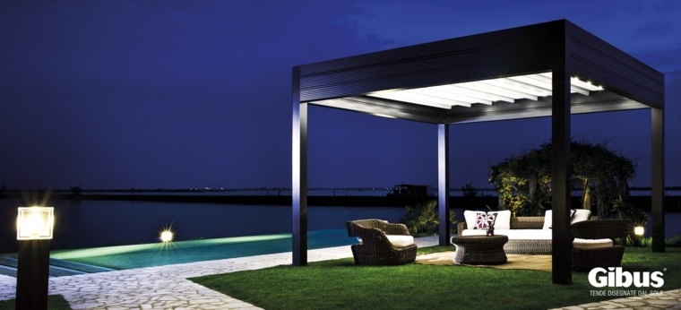 mobilier extérieur piscine aménagement pergola indépendante en aluminium avec couverture coulissante modèle Gibus design Med Room