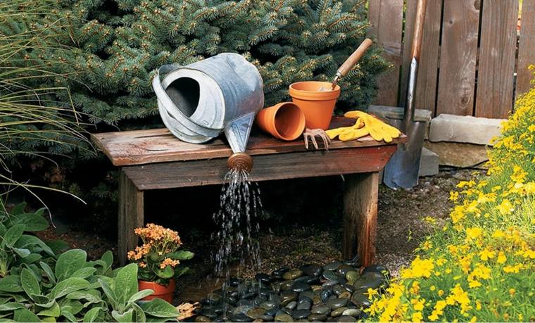 fontaine solaire diy idée banc bois jardin