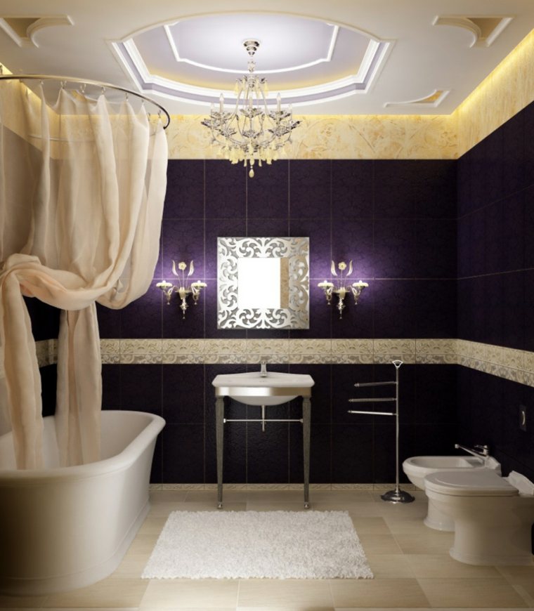 plafond salle de bain idée tapis de sol mur violet plafond luminaire