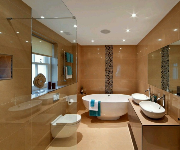 salle de bain beige orange couleurs chaudes toilettes baignoires 