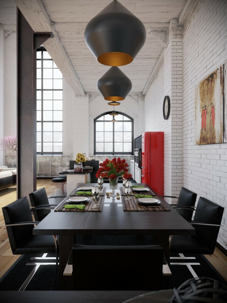salle à manger style industriel luminaire suspendu table à manger bois chaise noire