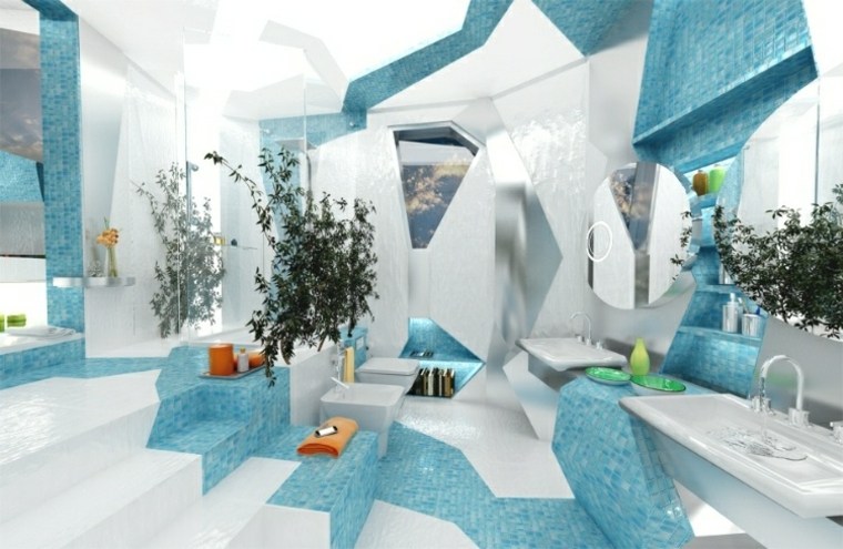 salle de bain design plante reflétée miroir