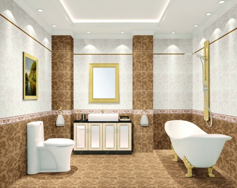plafond salle de bain blanc papier peint mur déco baignoire 
