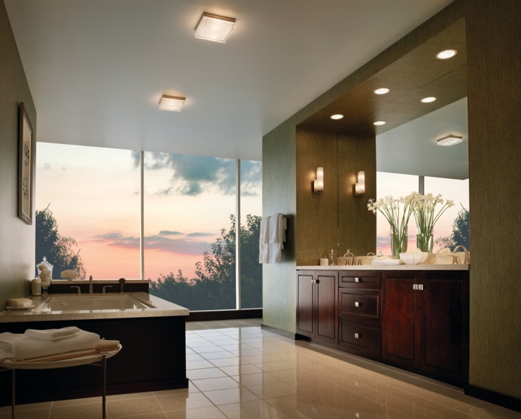 plafond salle de bain idée luminaire miroir baignoire