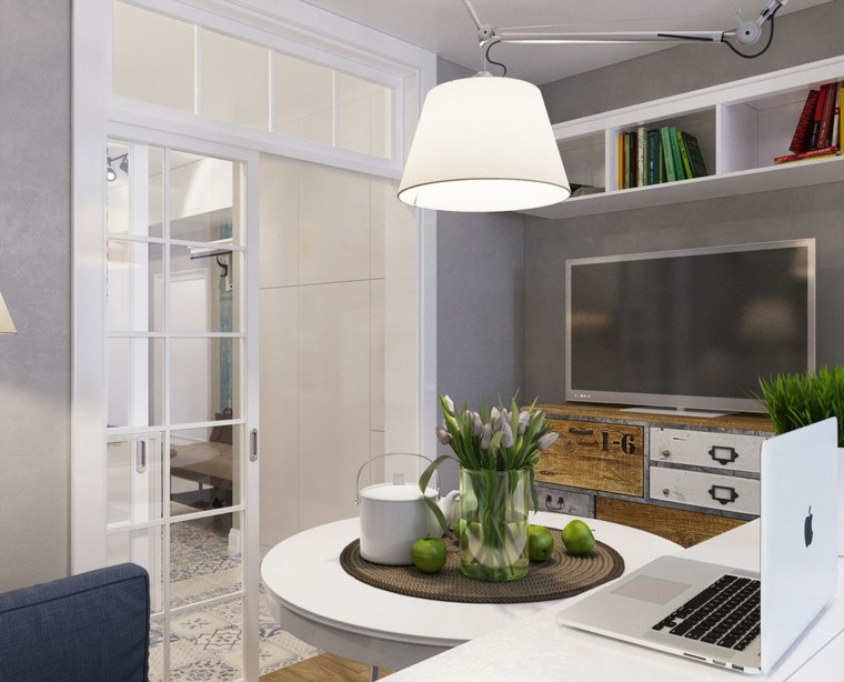idée aménagement petit studio design moderne lampe suspendue table blanche zucchini