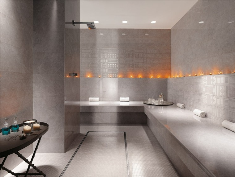 salle de bain intérieur moderne idée carrelage déco table marron design revêtement mur sol