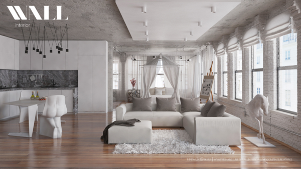 salon moderne aménagement canapé blanc coussin gris tapis de sol déco originale cheval