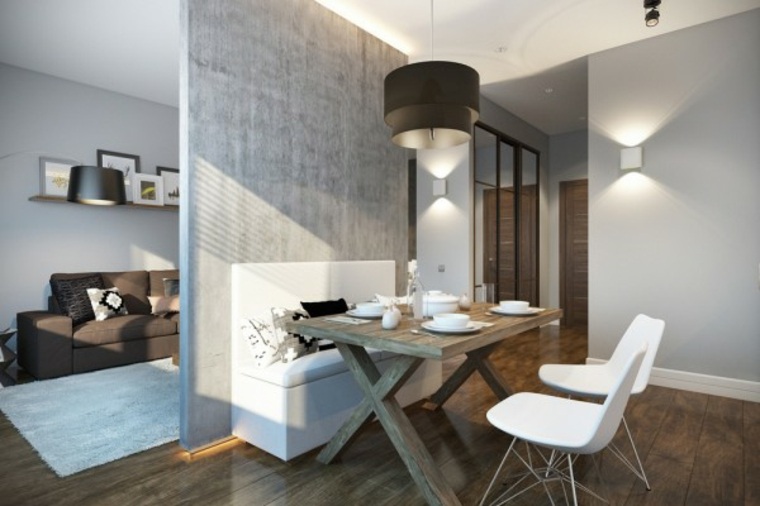 petit studio moderne design cuisine idée aménagement table à manger bois luminaire suspendu chaise blanche
