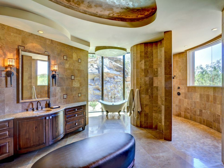 associer les couleurs salle de bain marron baignoire meuble en bois 