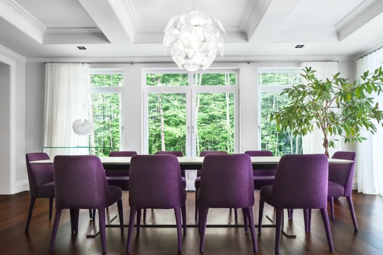 salle à manger table en bois chaise violet associer couleurs déco plante 