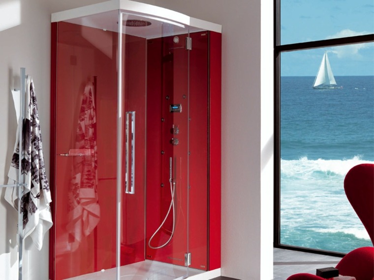 aménager salle de bain couleur rouge cabine douche italienne 