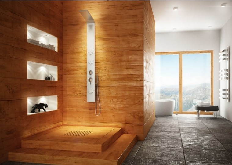 salle de bain en bois idée cabine douche bois 