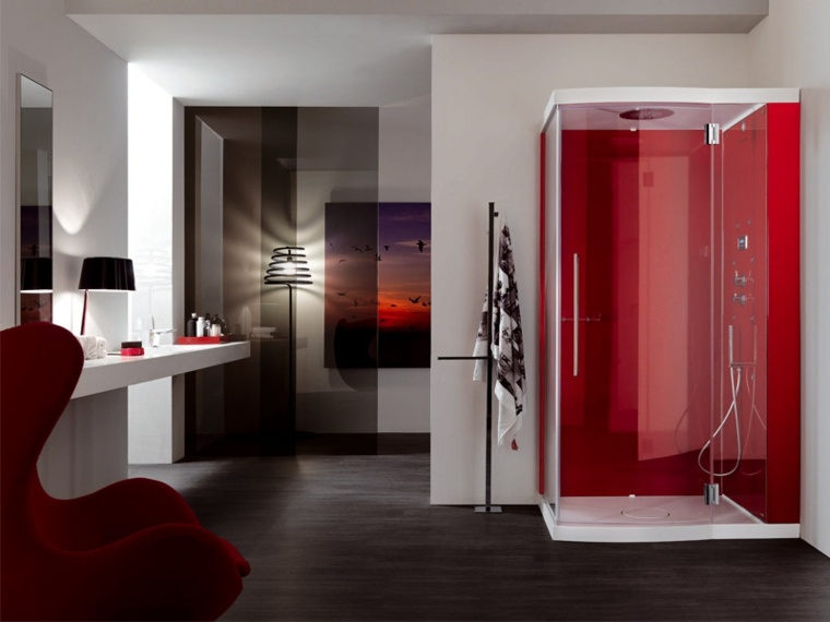 couleur salle de bain cabine rouge fauteuil confort déco