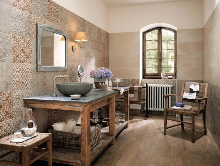 idée carrelage salle de bain meuble bois pierre design miroir salle de bain chaise 