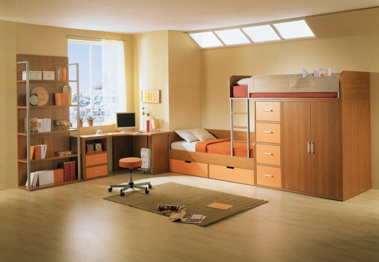 aménager chambre enfant déco orange bois étagères tapis de sol