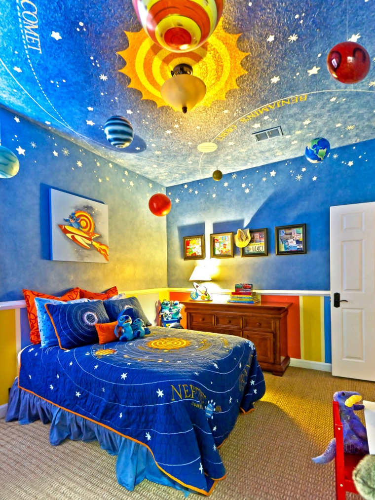 couleur chambre enfant bleu orange déco à thème meuble bois 