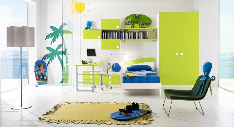chambre moderne enfant bleu vert idée aménager 