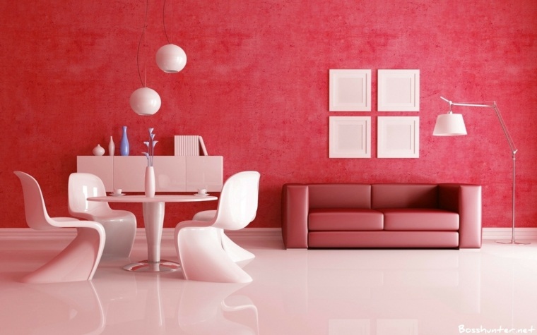 associer les couleurs rose rouge table à manger fauteuil déco murs luminaire suspendu