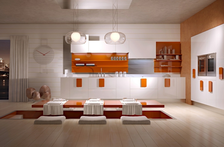 cuisine moderne design orange blanche parquet blanc luminaire suspendu