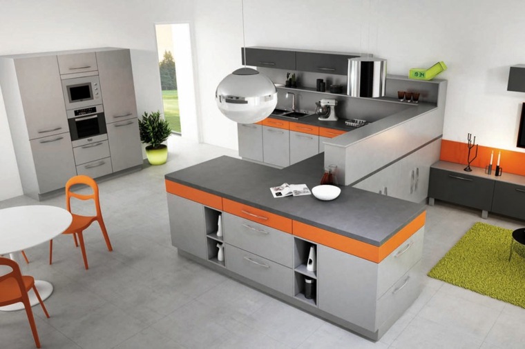 cuisine grise orange lampe suspendue design tapis de sol chaise de cuisine table blanche