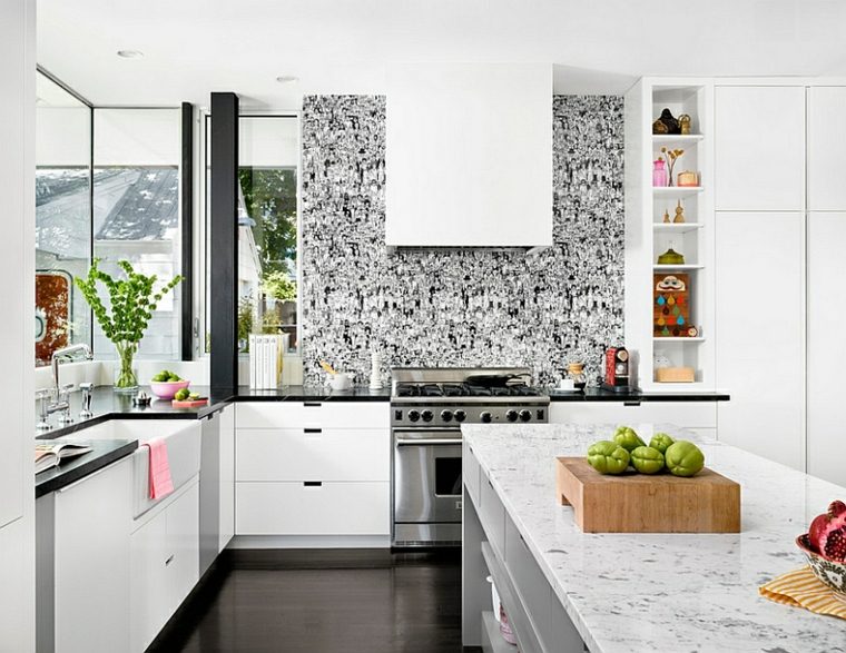 papier peint pour cuisine noir et blanc îlot de cuisine marbre meuble blanc