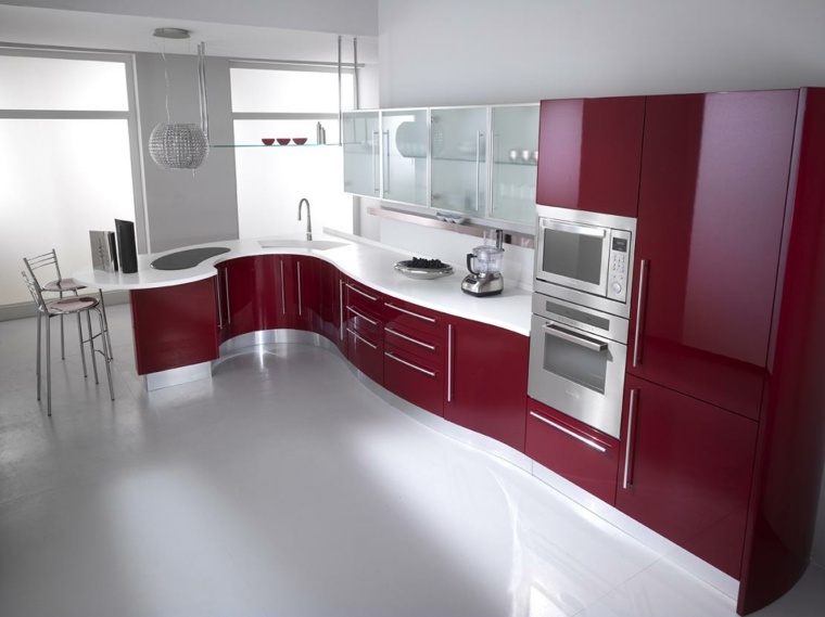 idée aménagement cuisine intérieur rouge et gris moderne 