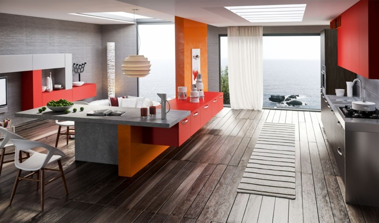 cuisine intérieur moderne orange rouge îlot parquet bois