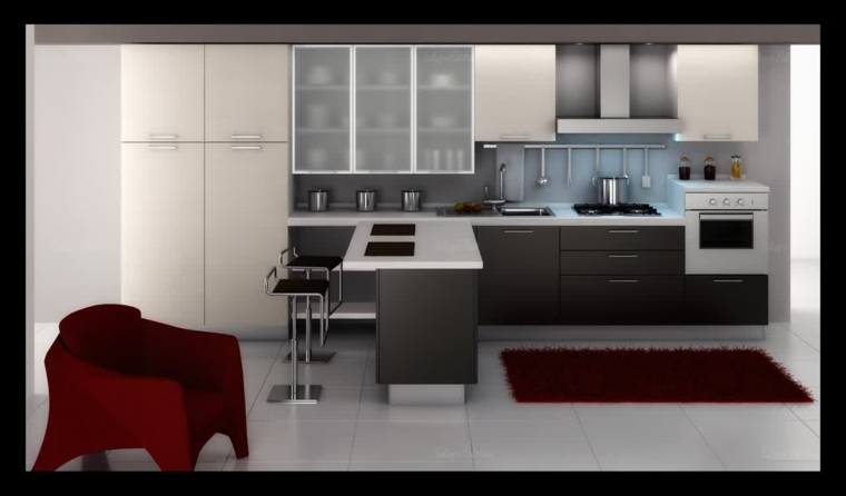 cuisine intérieur design moderne canapé rouge tapis de sol frigo blanc mobilier 