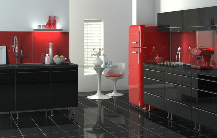 intérieur cuisine idée moderne îlot central carrelage cuisine noire frigo rouge