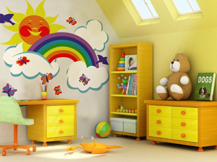 aménager chambre enfant idée original meuble bois jaune arc en ciel dessin mural peluche ours