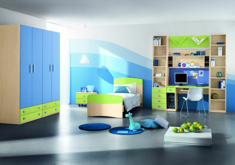 décoration chambre enfant bleu vert design lit papier peint 