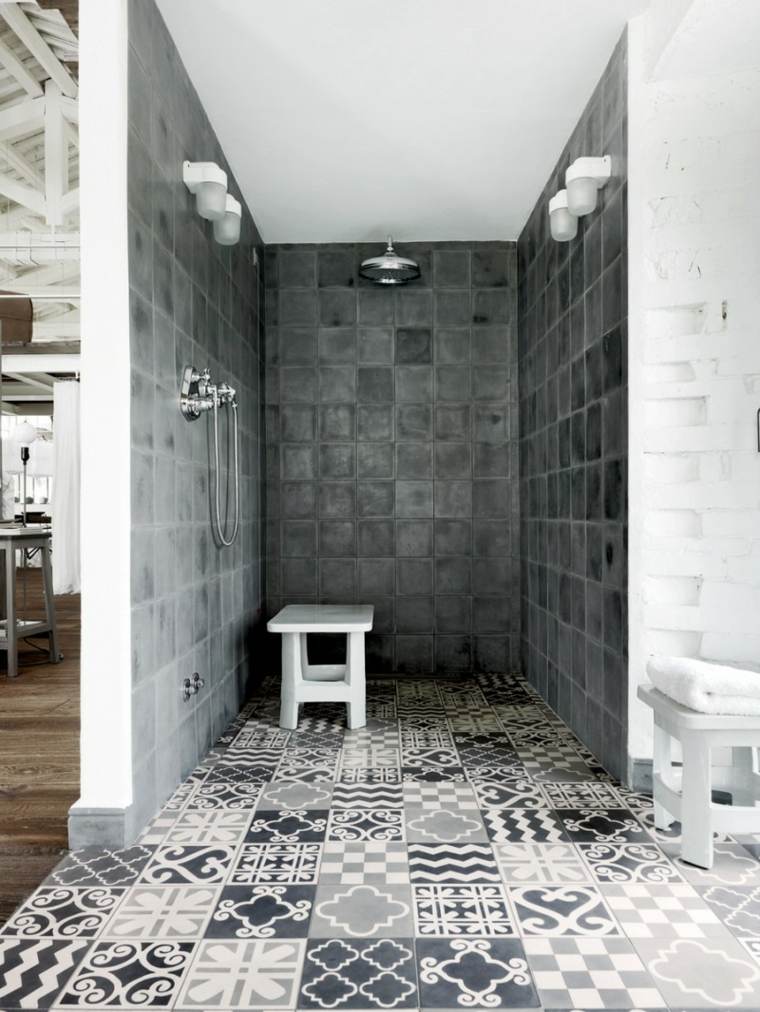 carrelage salle de bain intérieur gris douche italienne