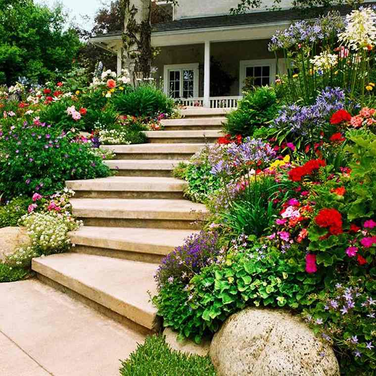 jardin en pente fleurs pierre escalier