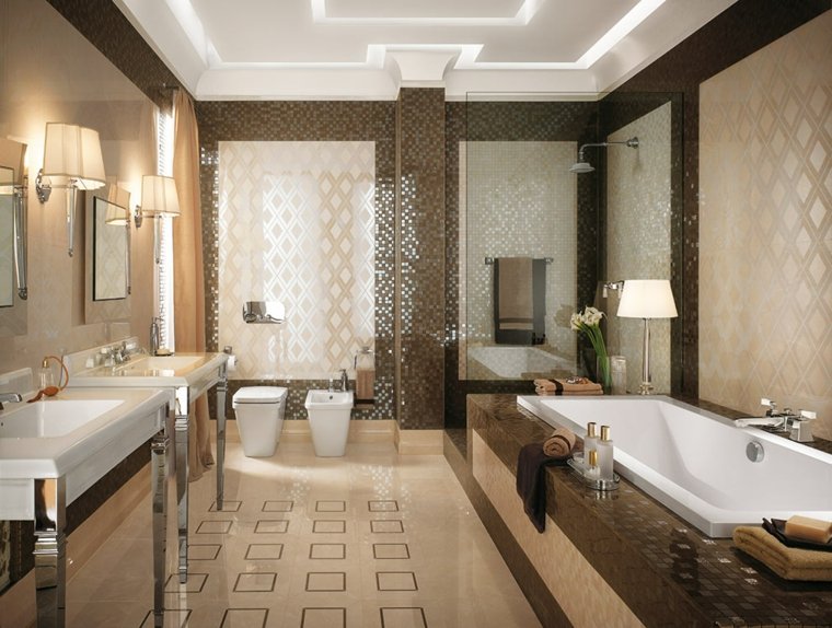 carrelage pour salle de bain moderne design marron beige luminaire design baignoire déco florale
