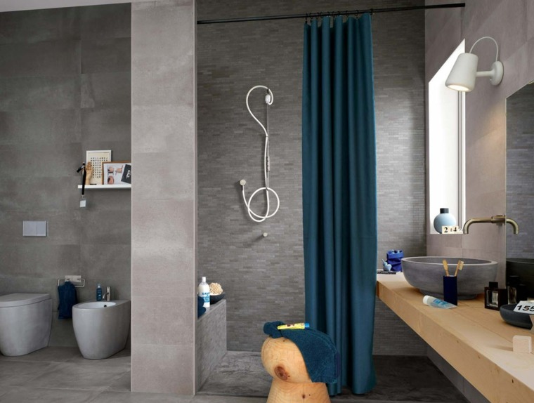 idée carrelage salle de bain gris design meuble bois douche