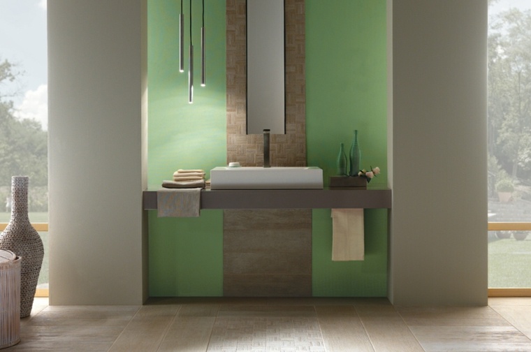 idée carrelage salle de bain aménager salle de bain vert bois design luminaire suspendu
