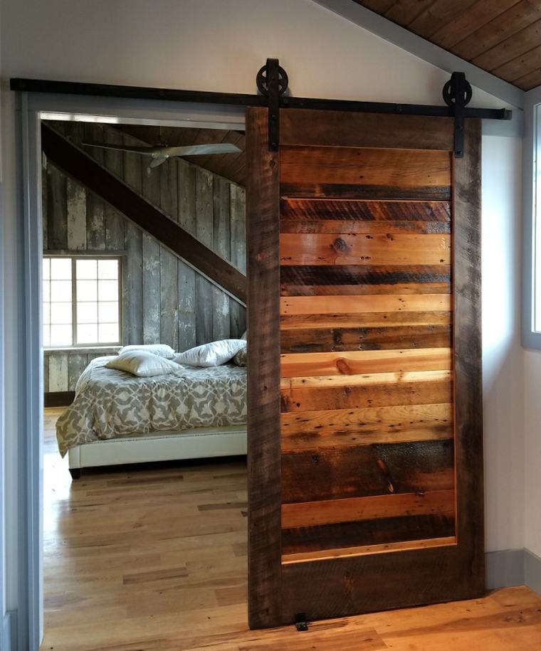 porte de grange coulissante intérieure en bois chambre à coucher idée lit 