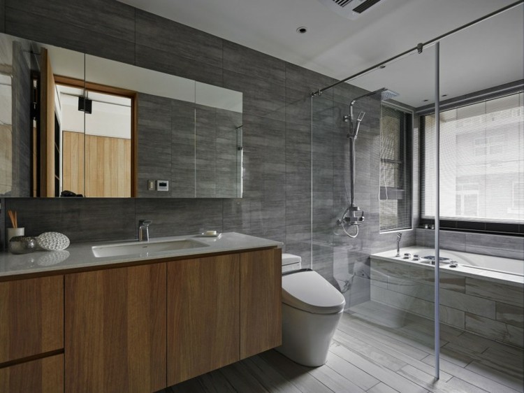 idée salle de bain grise meubles bois