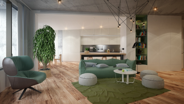 aménagement salon moderne idée fauteuil vert tapis de sol pouf blanc canapé vert lampe design déco plante 