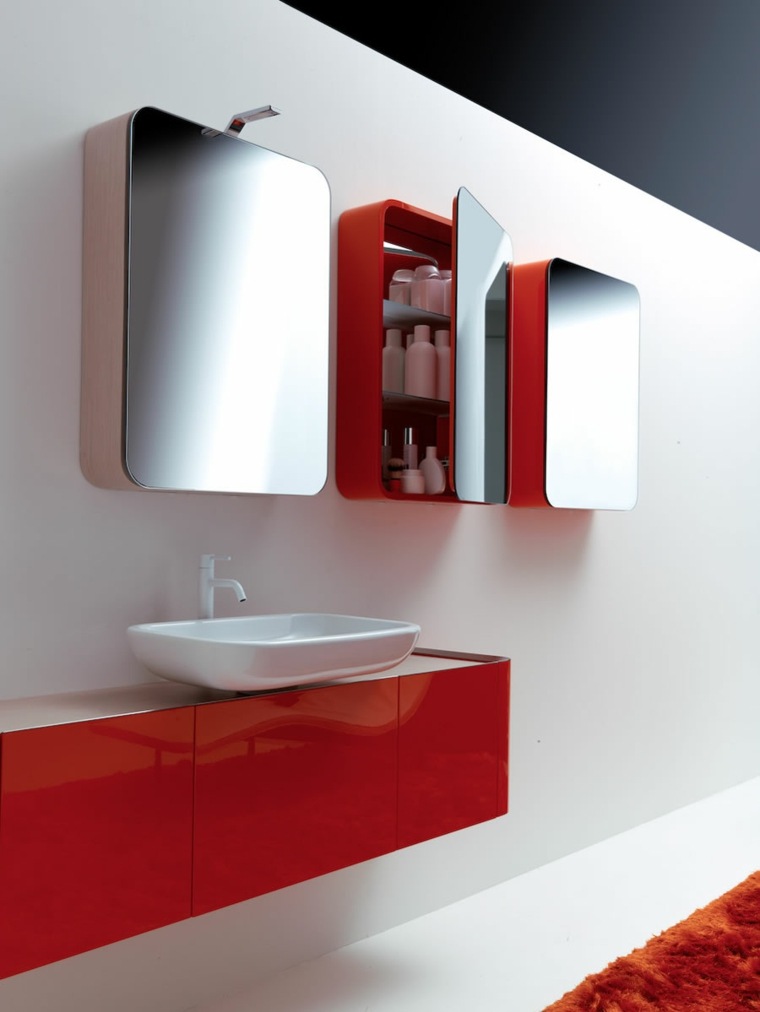 salle de bain rouge meuble design miroir tapis de sol rouge 