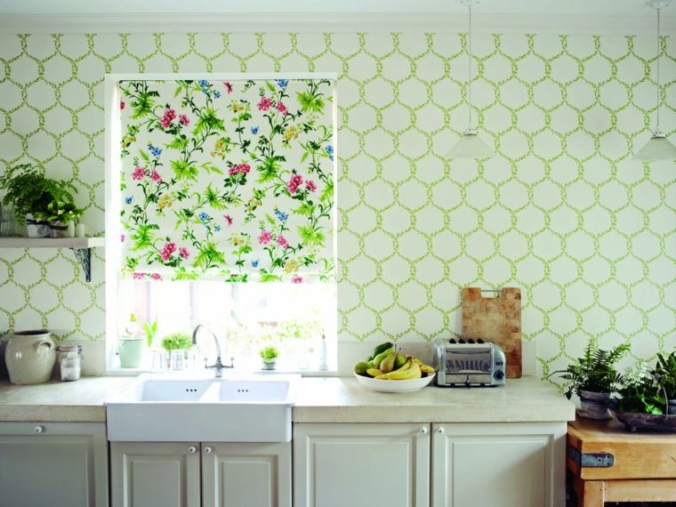 papier peint motif floral vert tableau fleurs idée aménagement cuisine 