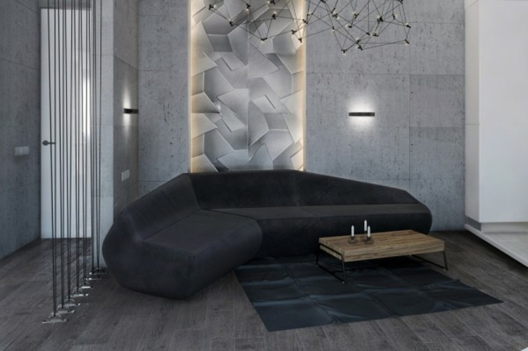 aménager petit espace canapé noir table basse bois déco tapis de sol