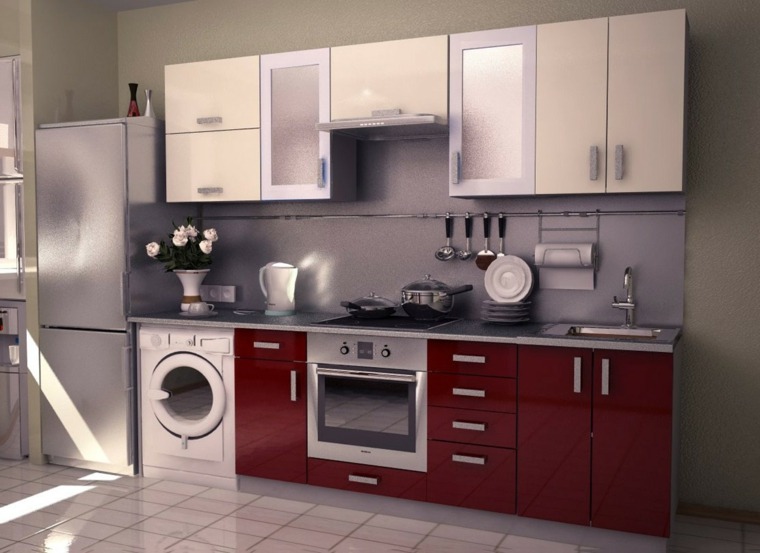 cuisine rouge îlot central idée placard machine à laver
