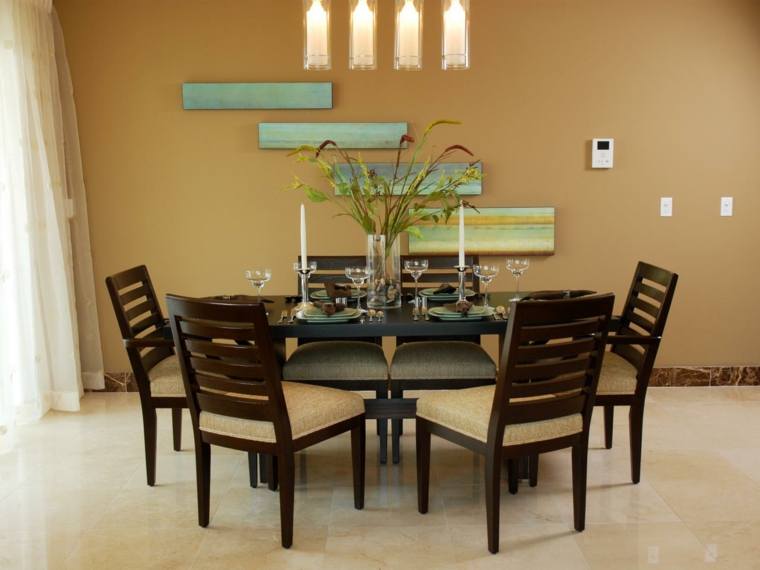 table à manger séjour bois chaise en bois déco tableau lampe suspendue design 