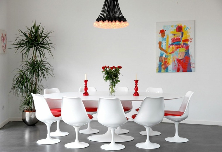salle à manger minimaliste design association couleur blanc rouge lampe suspendue déco tableau