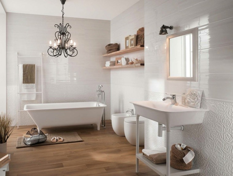 idée carrelage salle de bain revêtement mur sol aménagement luminaire suspendue baignoire blanche miroir