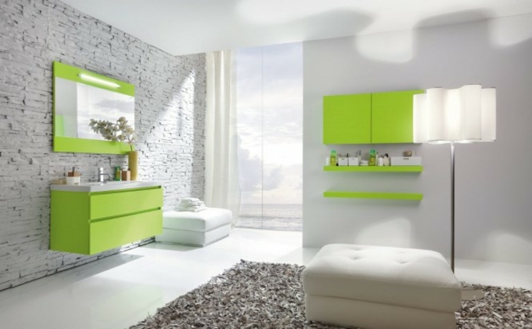 aménagement salle de bain tapis gris meuble vert lampe miroir déco