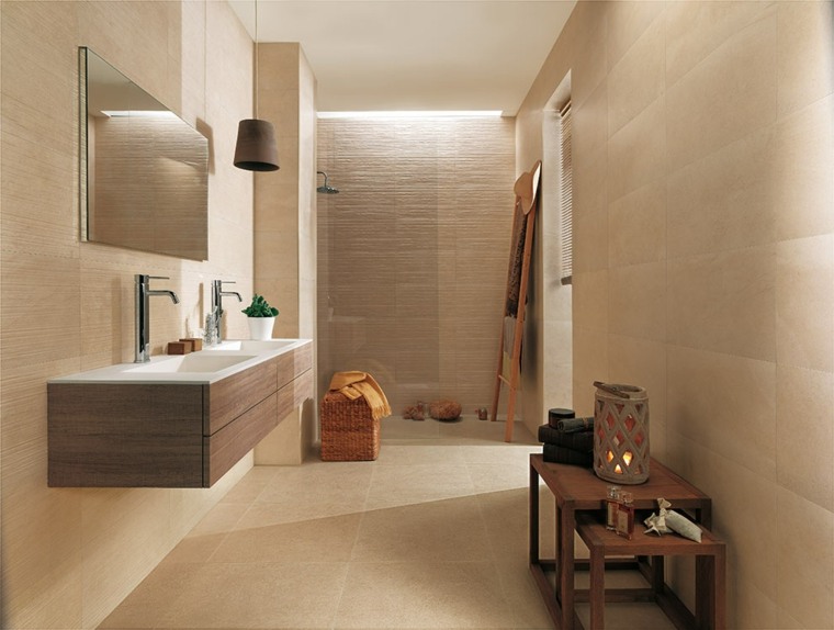 salle de bain carrelage beige design mobilier bois miroir de salle de bain