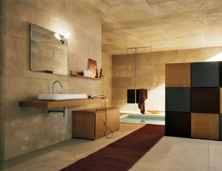 carrelage beige salle de bain tapis de sol meuble bois miroir lampe