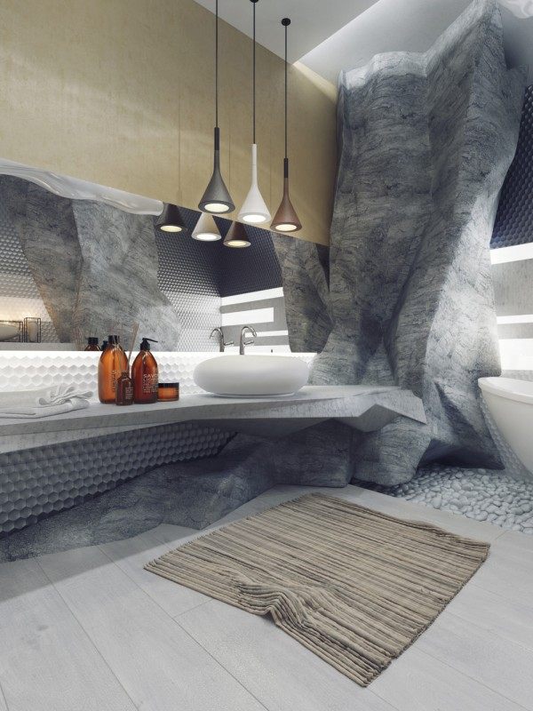 aménagement salle de bain idée grise design tapis beige lampe suspendu
